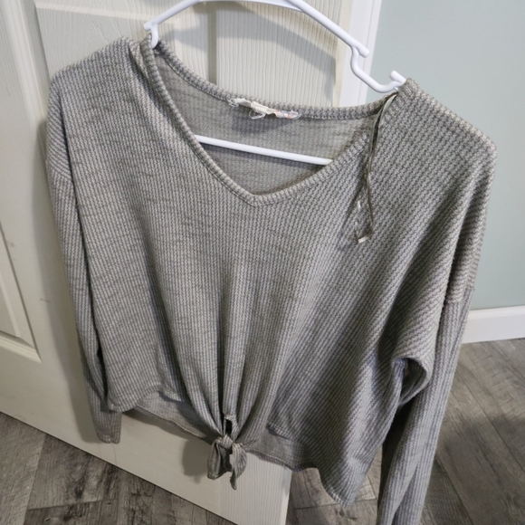 Gray V-Neck Waffle Knit Tie-Front Top - Picture 1 of 2